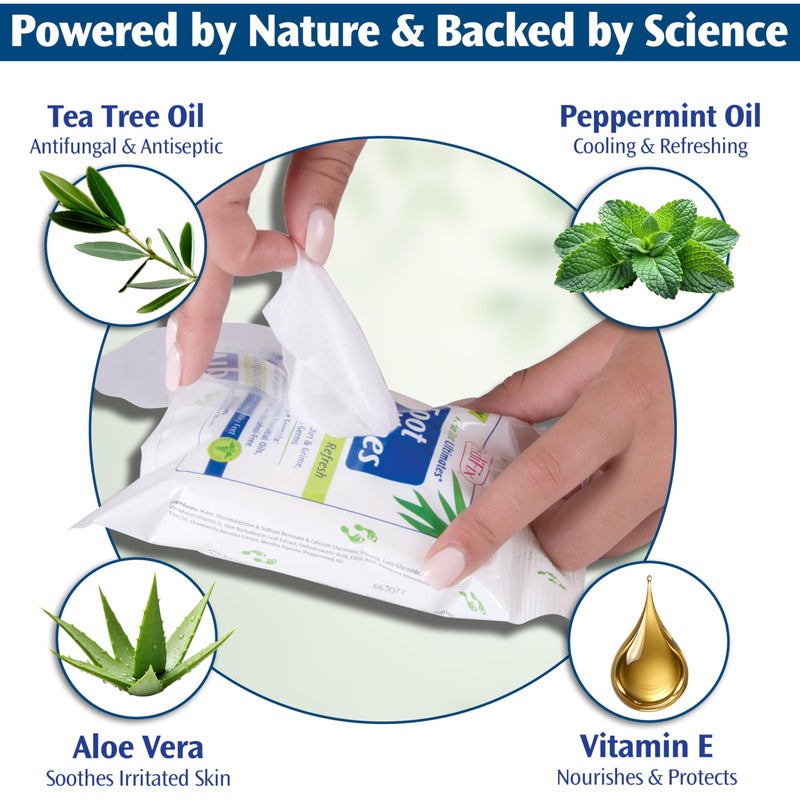 PediFix Tea Tree Ultimates Foot Wipes - Natural Deodorizing & Cleansing with Tea Tree Oil, Peppermint & Aloe Vera for Odor & Sweat Relief - Image 2